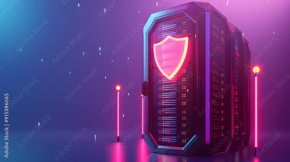 Poster futuristic data server with glowing shield icon, symbolizing data protection and cybersecurity in a 