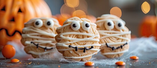 Obraz premium Funny mummy cookies for a Halloween treat for children. with copy space image. Place for adding text or design