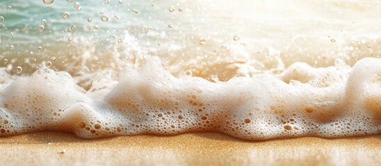 Obraz premium Summer backdrop of warm sand with sea or ocean wave bubbles featuring copyspace for a card or advertisement at dawn or sunset