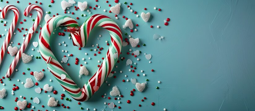 heart shaped candy cane on a blue background. with copy space image. Place for adding text or design