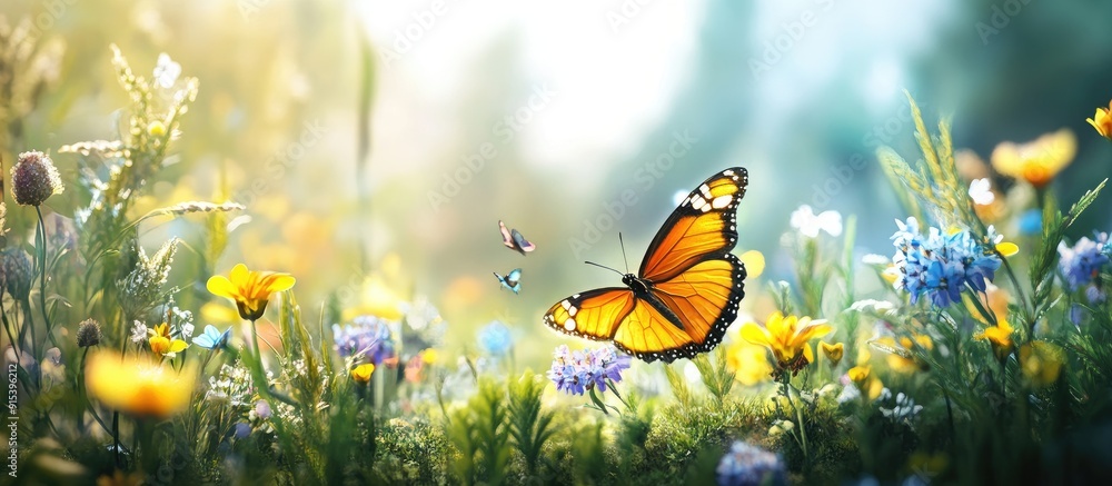 Aufkleber the concept of nature butterfly and wildflowers. with copy space image. place for adding text or des