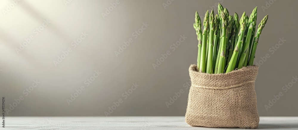 Poster green asparagus in a jute bag on a white wooden table. with copy space image. place for adding text 