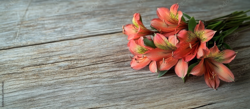 Poster Alstroemeria bouquet on a wooden surface. with copy space image. Place for adding text or design