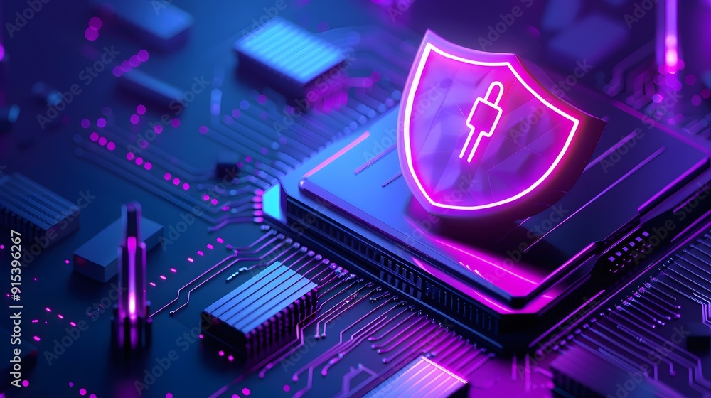Poster futuristic digital circuit board with a glowing shield icon representing cybersecurity and data prot