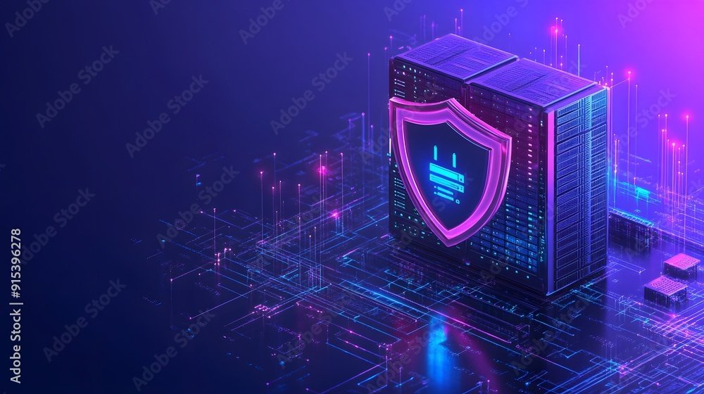 Poster futuristic digital cybersecurity concept with a glowing shield icon on a data server in a cyber netw