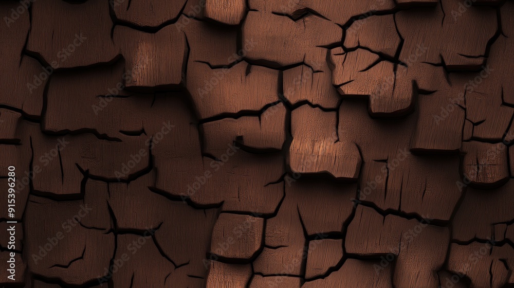 Poster a close-up of an aged tree trunk displaying intricate cracks and a rich brown texture, ideal for nat