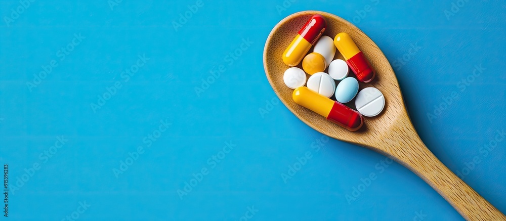 Poster variety of pharmaceutical pills tablets and capsules on a wooden spoon with a blue backdrop. with co