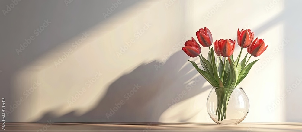 Leinwandbilder red tulips in a glass vase against a background of a white wall. with copy space image. place for ad