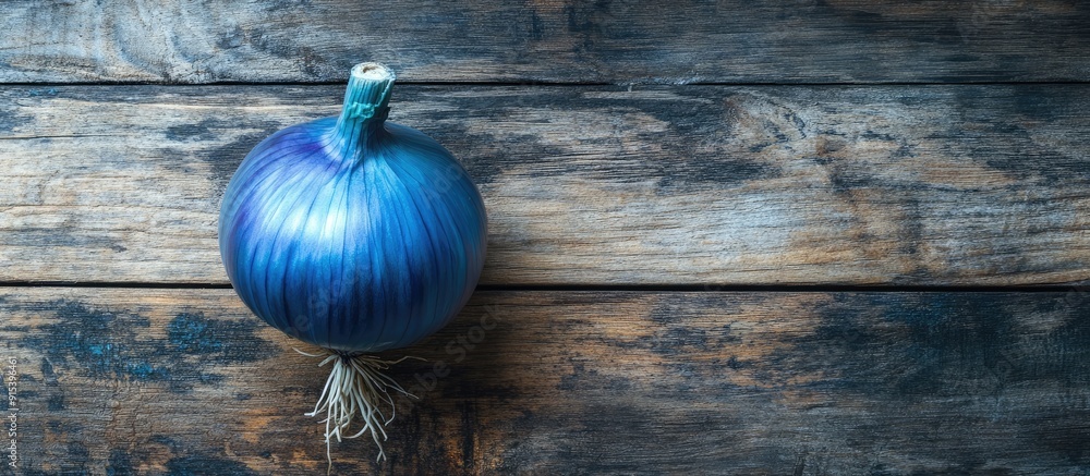 Poster vegan blue onion on a wooden surface. with copy space image. place for adding text or design