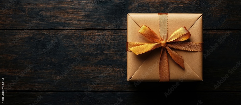 Poster paper gift box tied with a colored ribbon on a dark wood surface top view with copy space for a chri