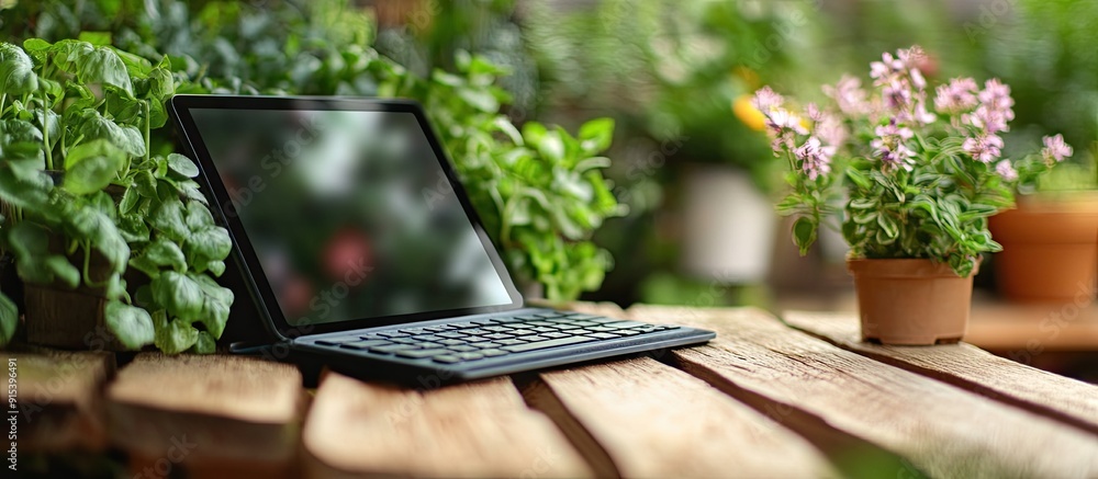 Aufkleber Black tablet with a keyboard placed on a wooden gardening table. with copy space image. Place for adding text or design