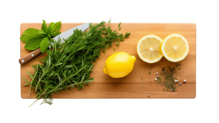 Top view of a textured wooden cutting board with fresh herbs, a halved lemon and a chef's knife isolated on transparent background