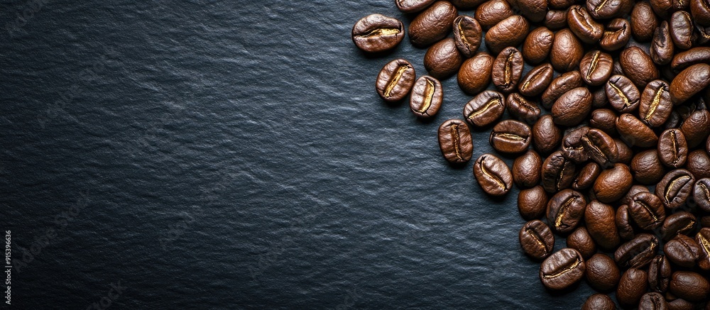 Aufkleber brown roasted coffee beans seeds on a dark background. with copy space image. place for adding text 