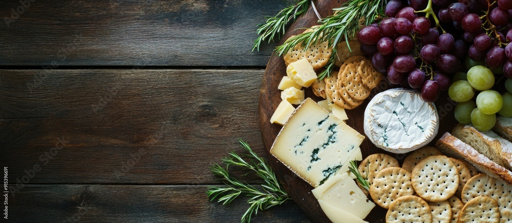 Poster top view of a cheese platter featuring assorted grapes bread and crackers. with copy space image. pl