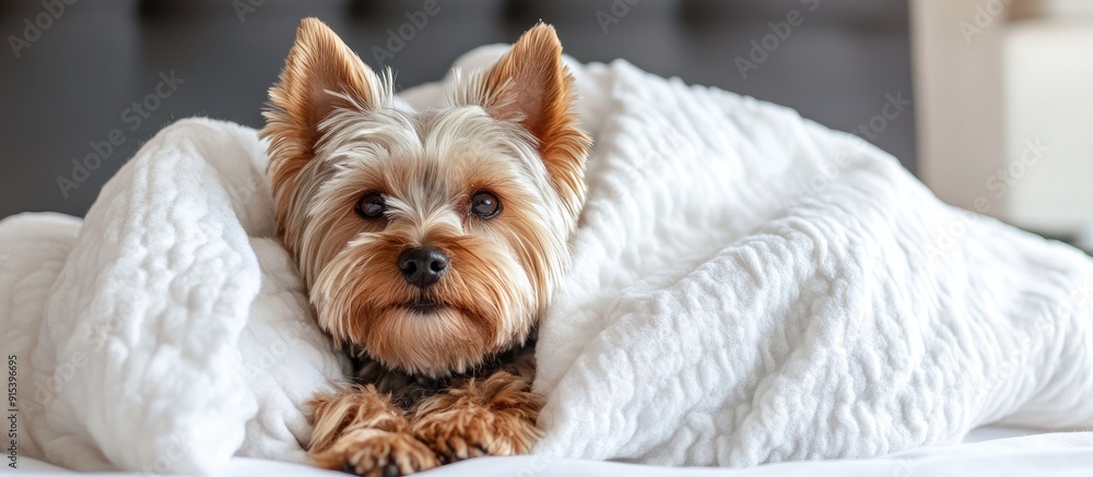 Aufkleber small yorkshire terrier dog under a white blanket on the bed. with copy space image. place for addin