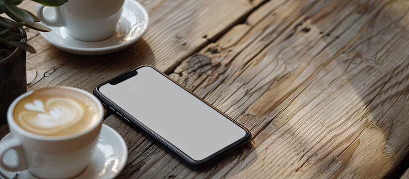 Mockup image of a black mobile phone featuring a blank white screen alongside a hot latte coffee on a vintage wooden table in a cafe. with copy space image. Place for adding text or design