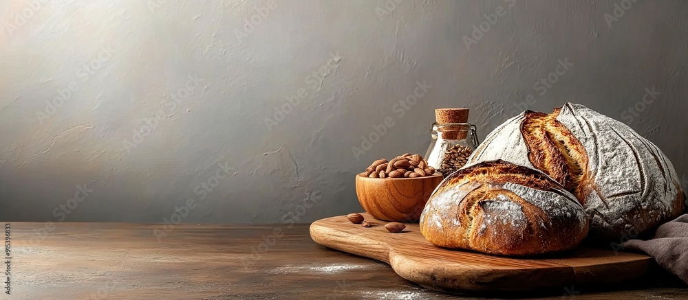 Poster ingredients for baking bread on the table. with copy space image. place for adding text or design