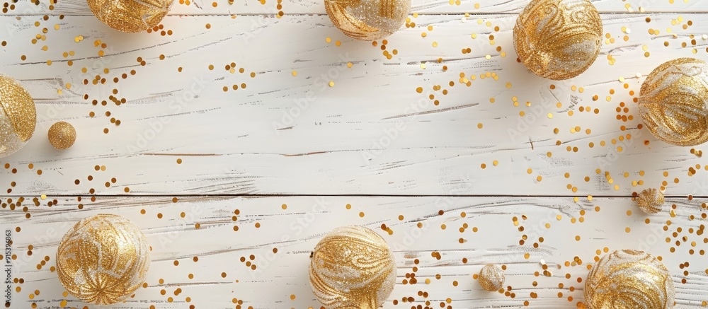 Aufkleber New Year or Christmas pattern flat lay top view featuring decorative golden toy balls and sparkles on a white wooden background Copy space template frame for your greeting card text design