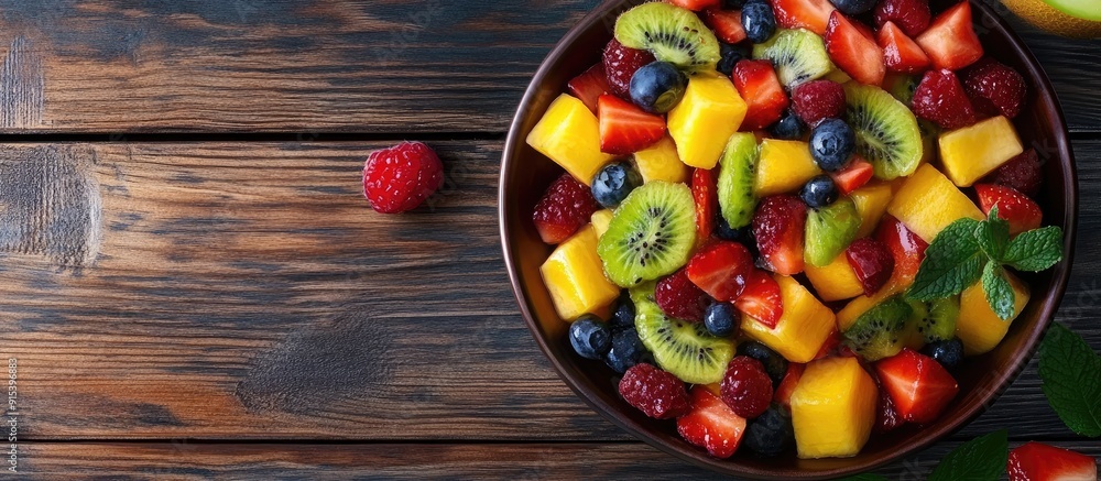 Poster Tasty exotic fruit salad and components on a wooden table. with copy space image. Place for adding text or design