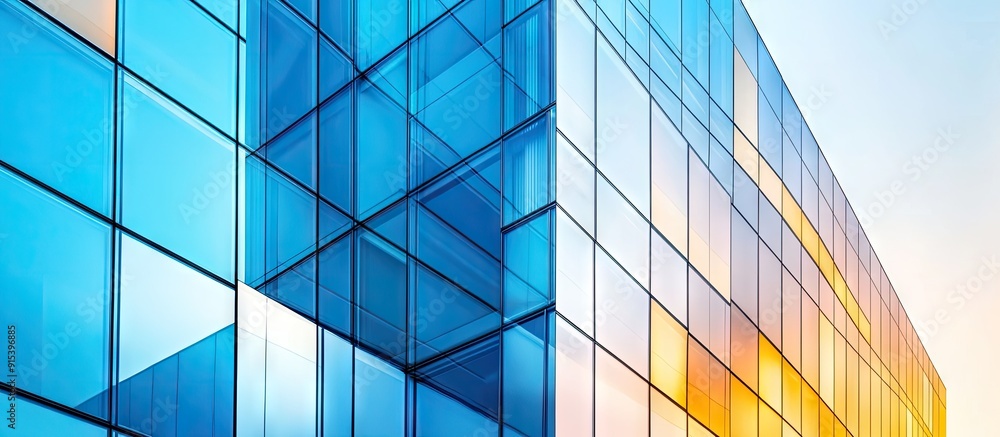 Poster abstract close up of a glass clad facade of a contemporary building made of reflective plate glass a