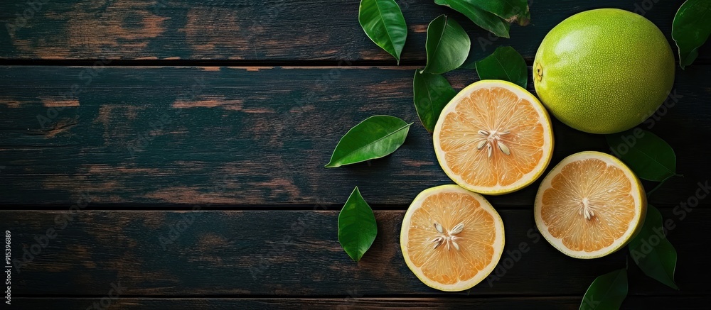 Leinwandbilder Top view of fresh pomelo on a dark wooden table background for the Mid Autumn Festival fruit. with copy space image. Place for adding text or design