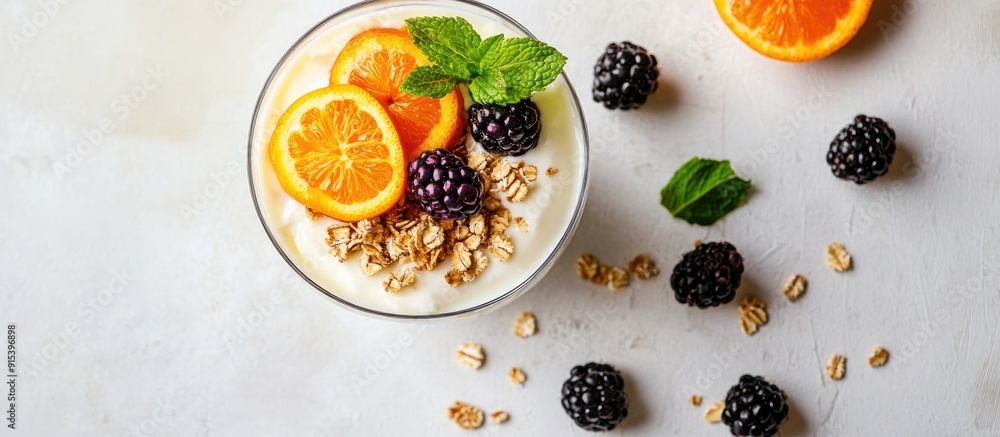 Aufkleber vegan healthy breakfast option yogurt and granola topped with fresh blackberries oranges and mint in