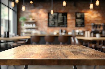 Empty coffee table over defocused coffee shop background with copy space