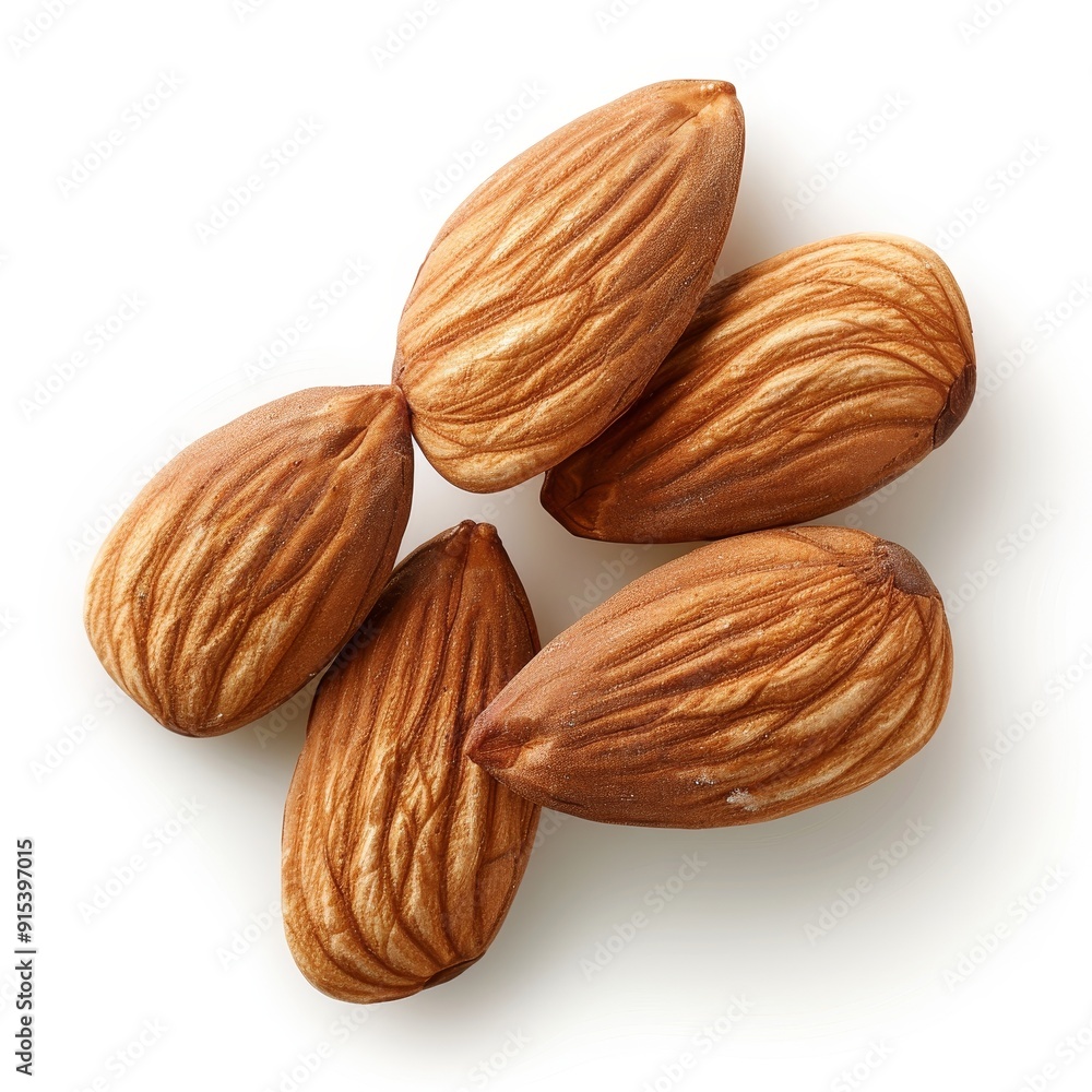 Wall mural close-up image of five whole almonds isolated on white background. high-resolution photo ideal for f