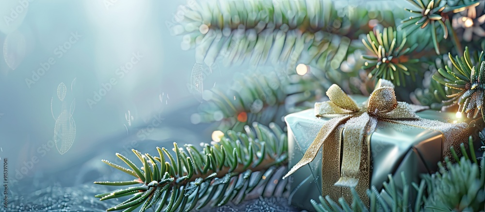 Aufkleber Christmas background featuring a fir tree branch and a present toned image. with copy space image. Place for adding text or design