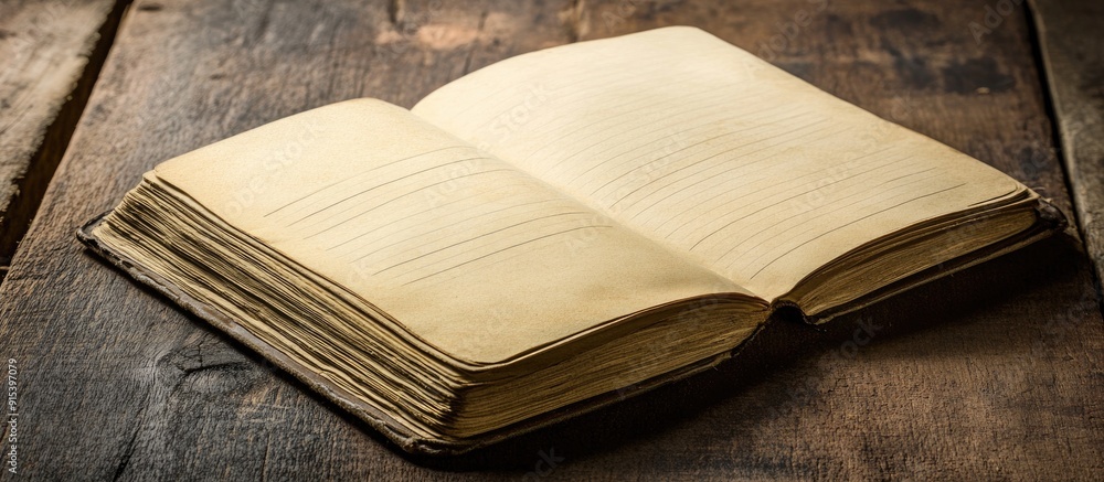 Poster Open notebook on a wooden table precise retro lined old paper with dark edges and vintage hues top view of the desk. with copy space image. Place for adding text or design