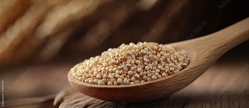 Aufkleber quinoa on a wooden spoon. with copy space image. place for adding text or design