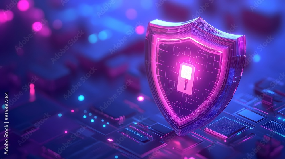 Poster futuristic digital security shield with lock icon on circuitry background, representing cybersecurit