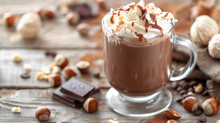 a rich hazelnut hot chocolate, topped with whipped cream and a drizzle of hazelnut syrup, served in a clear glass mug on a rustic wooden table with whole hazelnuts and chocolate pieces nearby