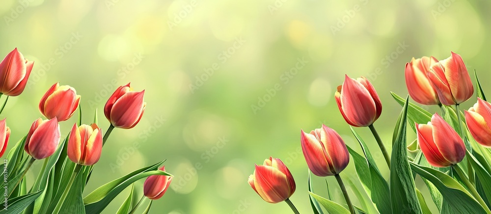 Leinwandbilder frame crafted from lovely tulip flowers set against a green background. with copy space image. place