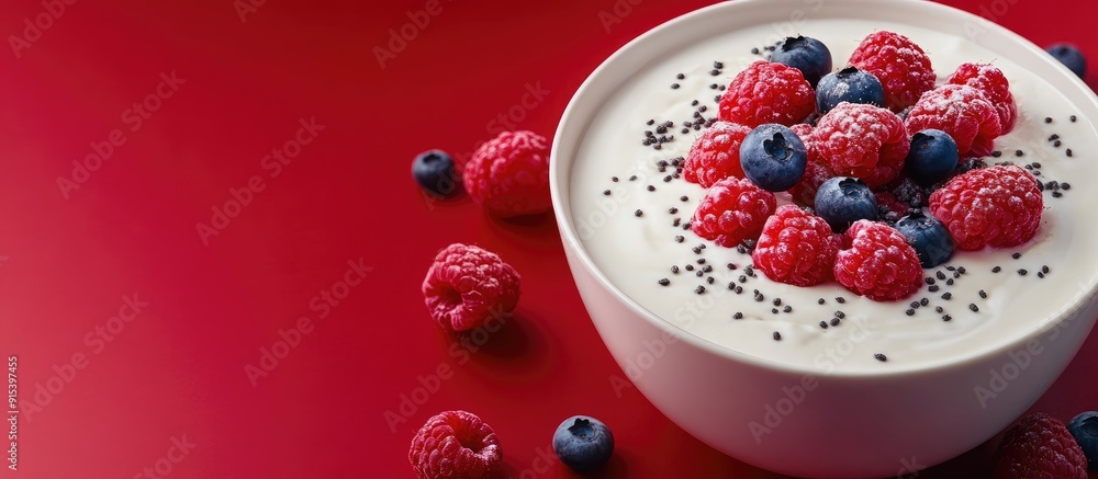 Poster a bowl of yogurt topped with raspberries blueberries and powder set against a red background. with c