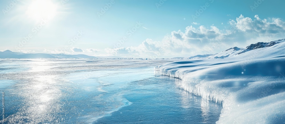 Fototapete melting ice on a frozen lake or river. with copy space image. place for adding text or design