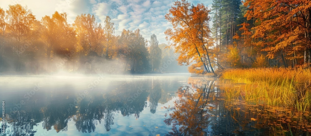 Fototapete Autumn colored foggy lake. with copy space image. Place for adding text or design