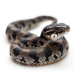 Obraz premium A close-up image of a curled snake with distinctive patterns on its scales against a white background, showcasing its detailed texture and coloration.