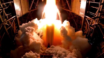 The rocket lifts off from the launch pad, blazing bright flames and smoke, marking the beginning of its mission into space