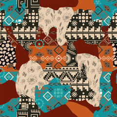 Seamless pattern of abstract spots from different textures is hand-drawn with brush brushes. Flower pattern