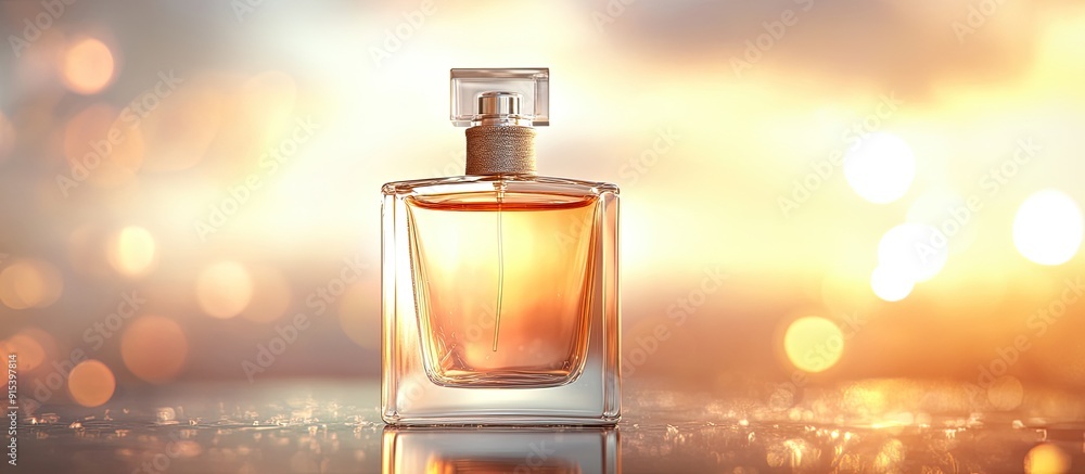 Poster Beautiful clear bottle of perfume with a blurred background. with copy space image. Place for adding text or design