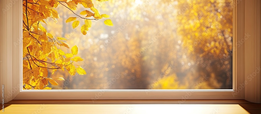 Poster abstract composition showcasing the yellow hues of autumn viewed through a window spacious backgroun