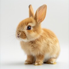 Obraz premium Adorable baby bunny sitting on white background. Cute fluffy rabbit with long ears, perfect for Easter and spring-themed images.