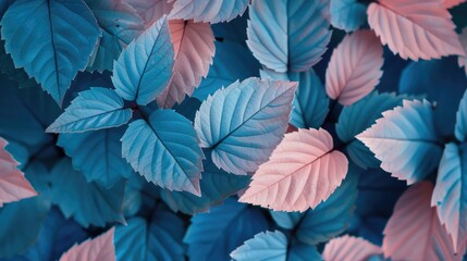 Blue and pink tinted leaves' natural texture. Flat lay.