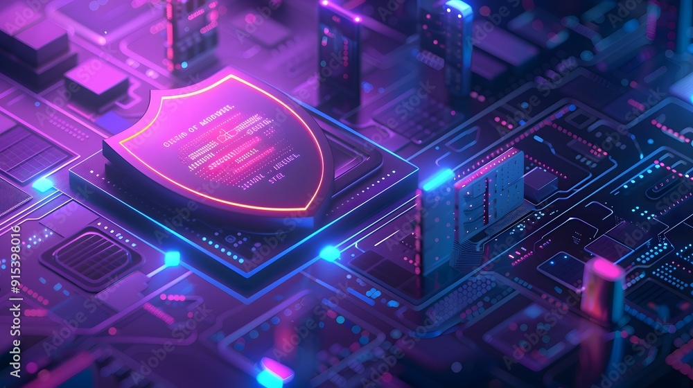 Poster futuristic digital shield on circuit board representing cybersecurity and data protection in glowing