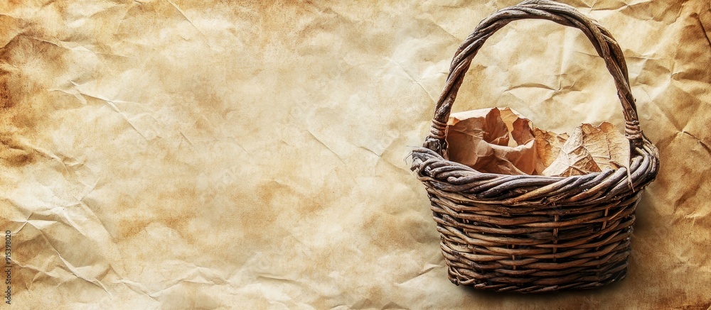 Poster textured vintage paper background with birch bark basket. with copy space image. Place for adding text or design
