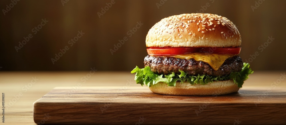 Poster pork burger on a cutting board. with copy space image. place for adding text or design