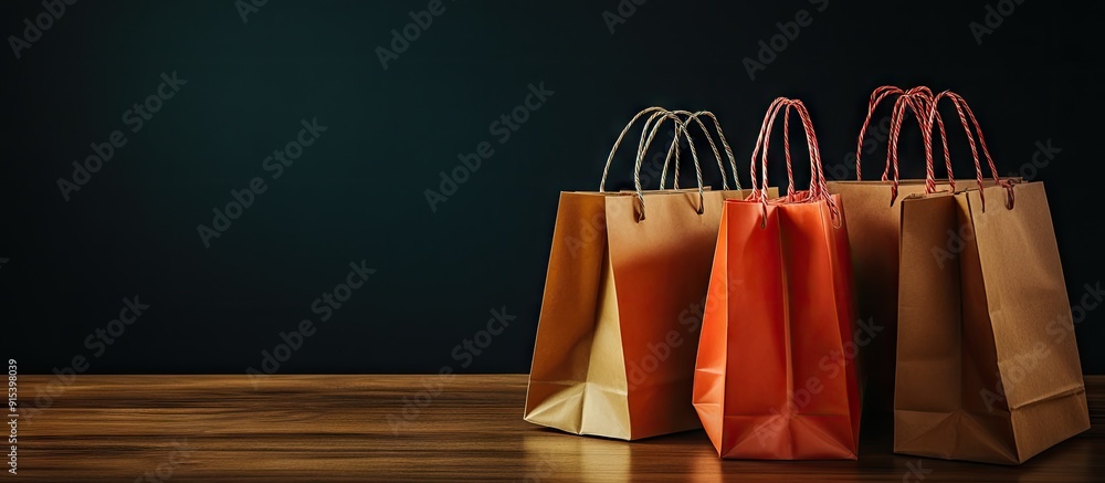 Poster several shopping bags on a wooden table set against a black background. with copy space image. Place for adding text or design