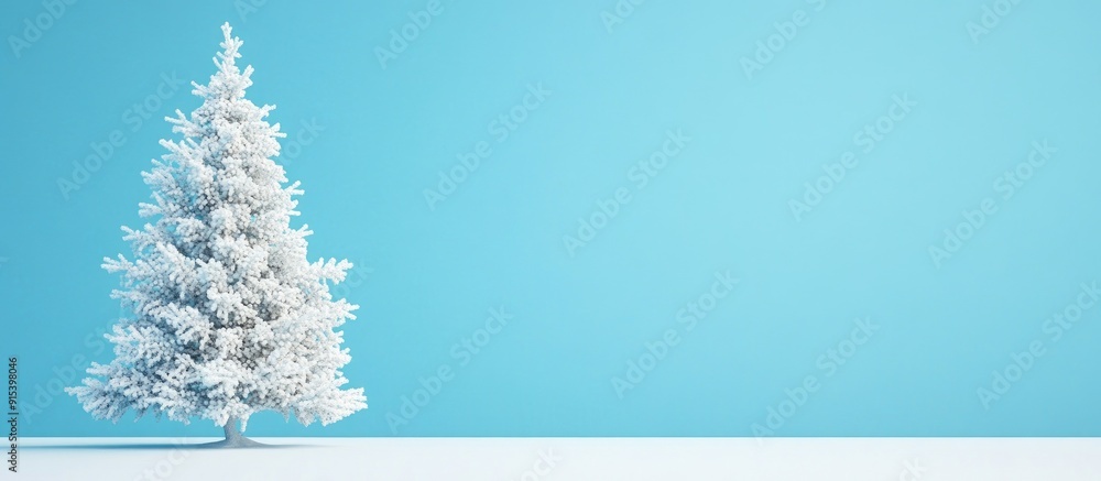 Poster white Christmas tree against a blue background. with copy space image. Place for adding text or design