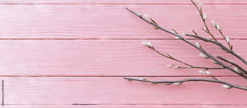 Fototapete a willow branch on a pink wooden surface. with copy space image. Place for adding text or design